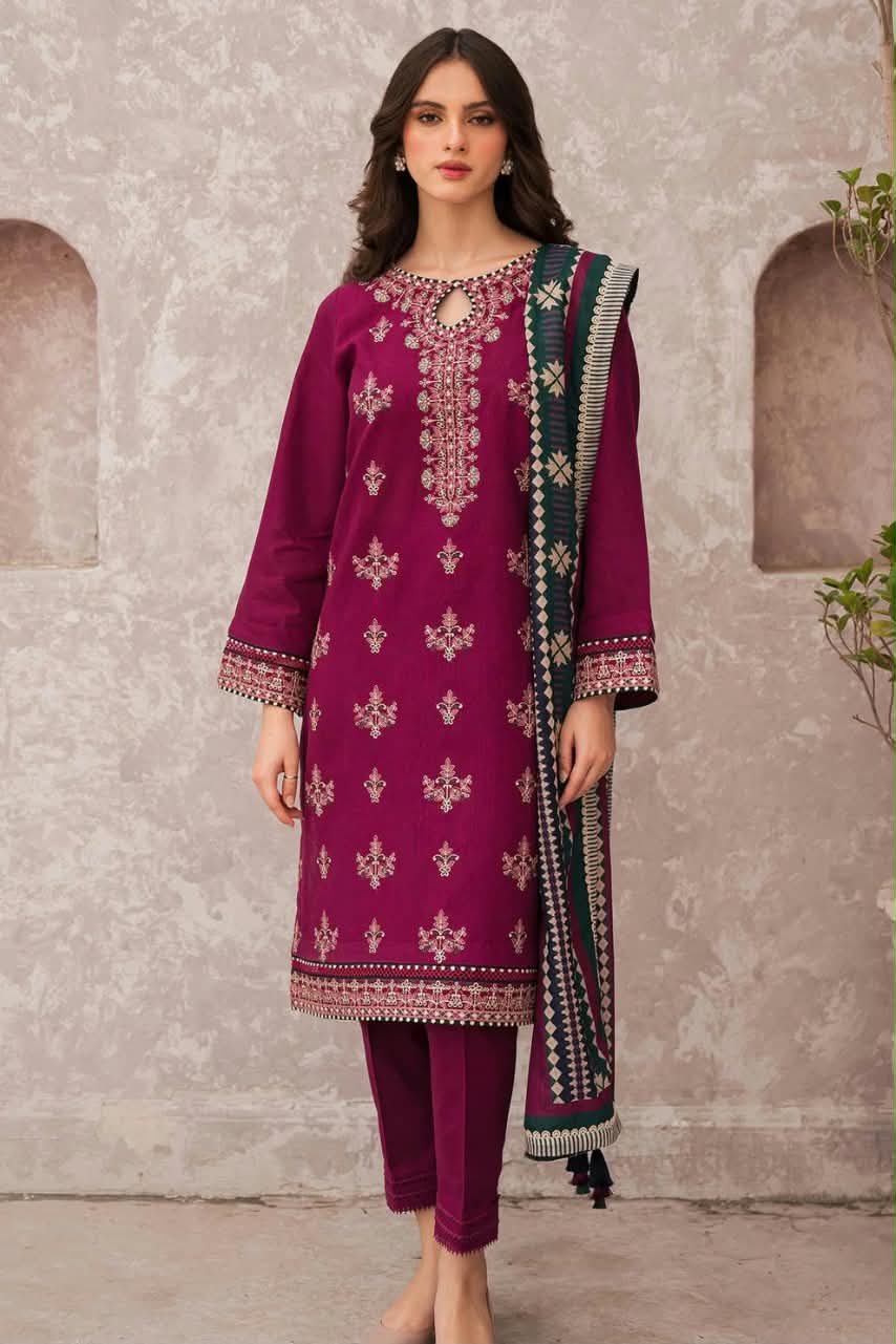 Jazmin Magenta Pink Dhanak 3-Piece Embroidered Suit | Daman Patch