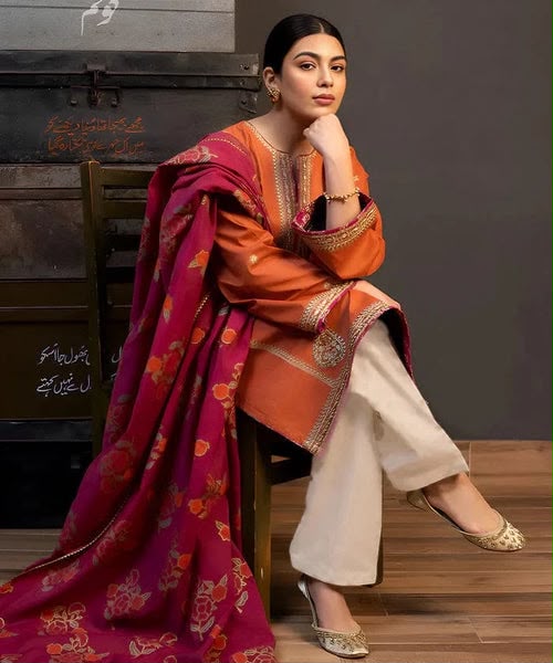 COCO Rust Orange Dhanak 3-Piece Embroidered Suit | Digital Printed Shawl