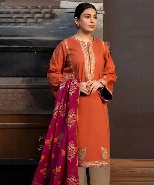 COCO Rust Orange Dhanak 3-Piece Embroidered Suit | Digital Printed Shawl