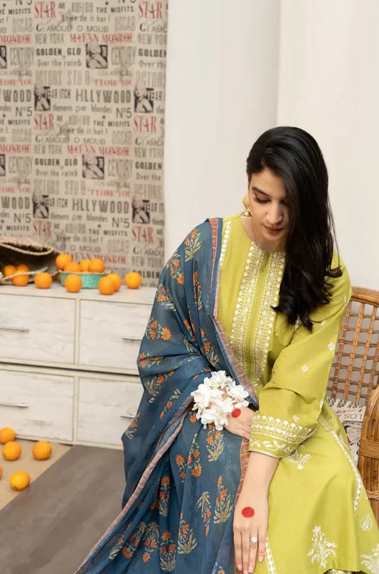 URGE Mustard Yellow Dhanak 3-Piece Embroidered Suit | Embroidered Trouser