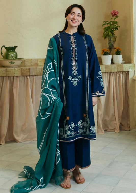 COCO Teal Blue Dhanak 3-Piece Embroidered Suit | Digital Printed Shawl