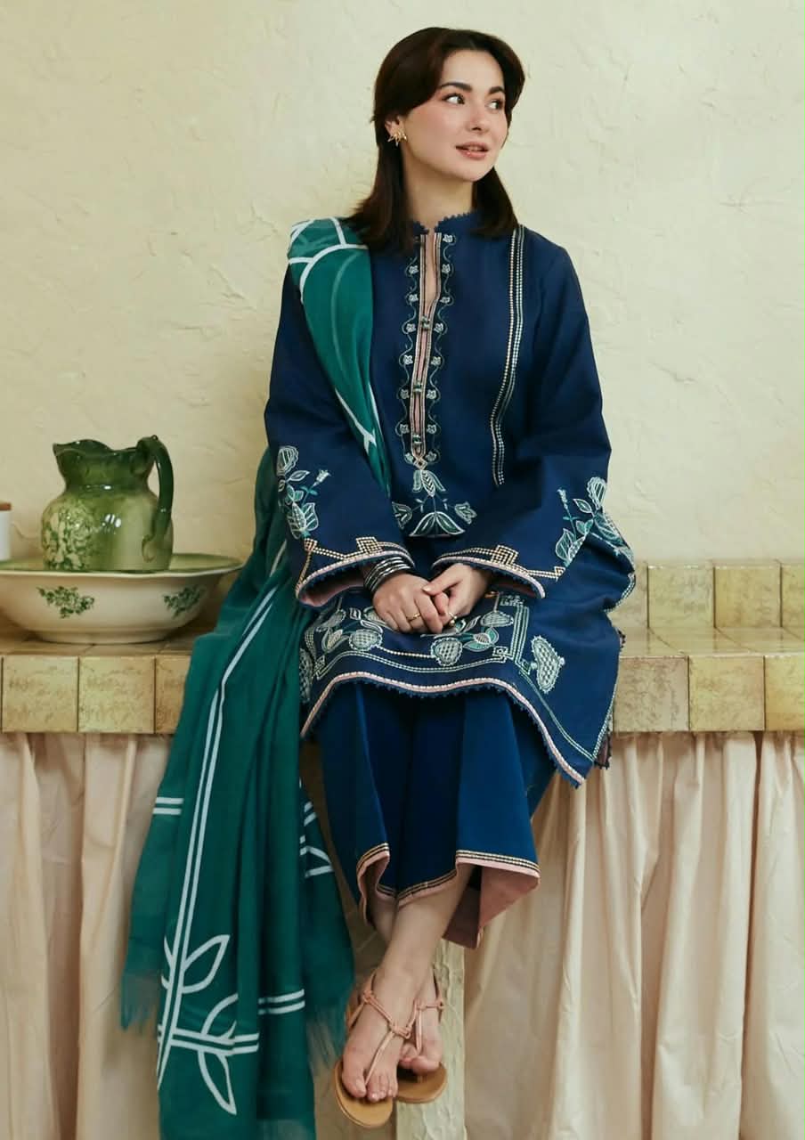 COCO Teal Blue Dhanak 3-Piece Embroidered Suit | Digital Printed Shawl