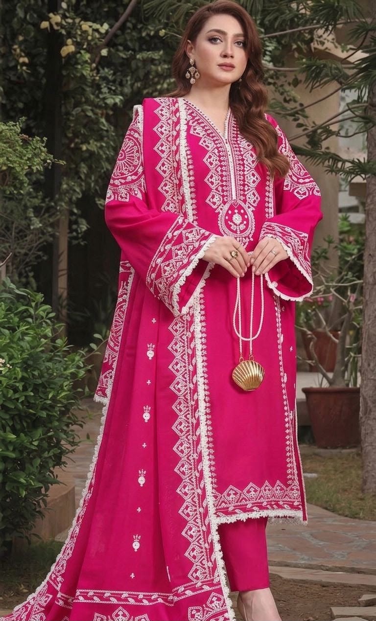 Aneela's Collection Dark Pink Dhanak 3-Piece Embroidered Suit | Digital Printed Shawl