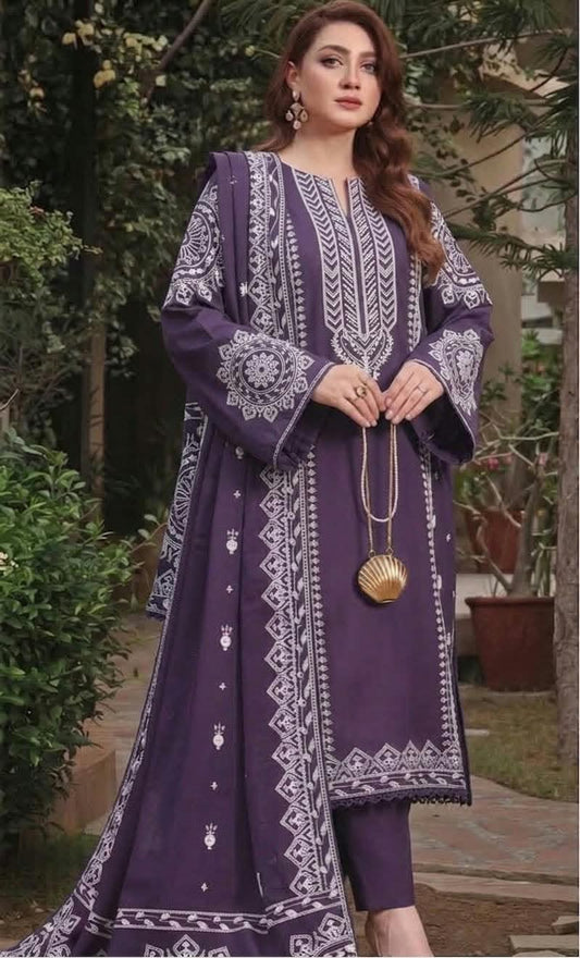 Aneela's Collection Purple Mauve Dhanak 3-Piece Embroidered Suit | Digital Printed Shawl