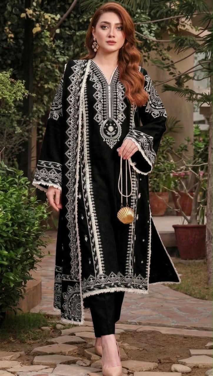 Aneela's Collection Jet Black Dhanak 3-Piece Embroidered Suit | Digital Printed Shawl