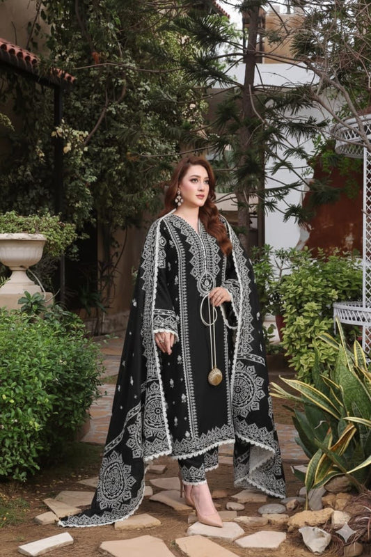 Aneela's Collection Jet Black Dhanak 3-Piece Embroidered Suit | Digital Printed Shawl