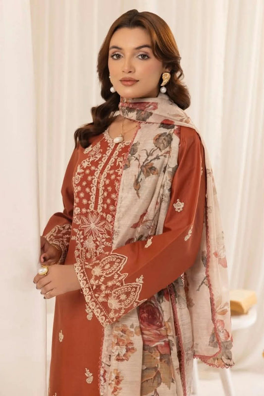MOHAGNI Rust Terracotta Dhanak 3-Piece Embroidered Suit | Digital Printed Shawl