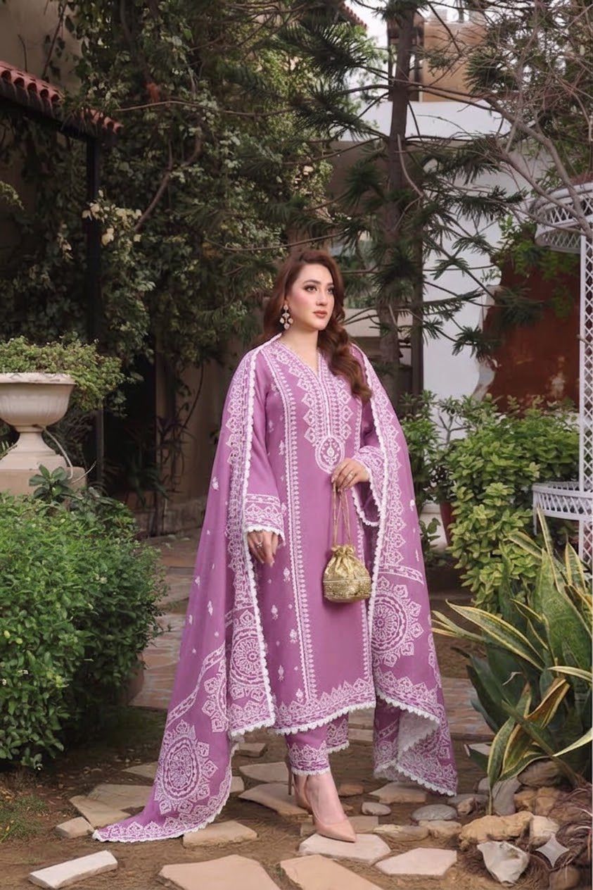 Aneela's Collection Light Pink Dhanak 3-Piece Embroidered Suit | Digital Printed Shawl