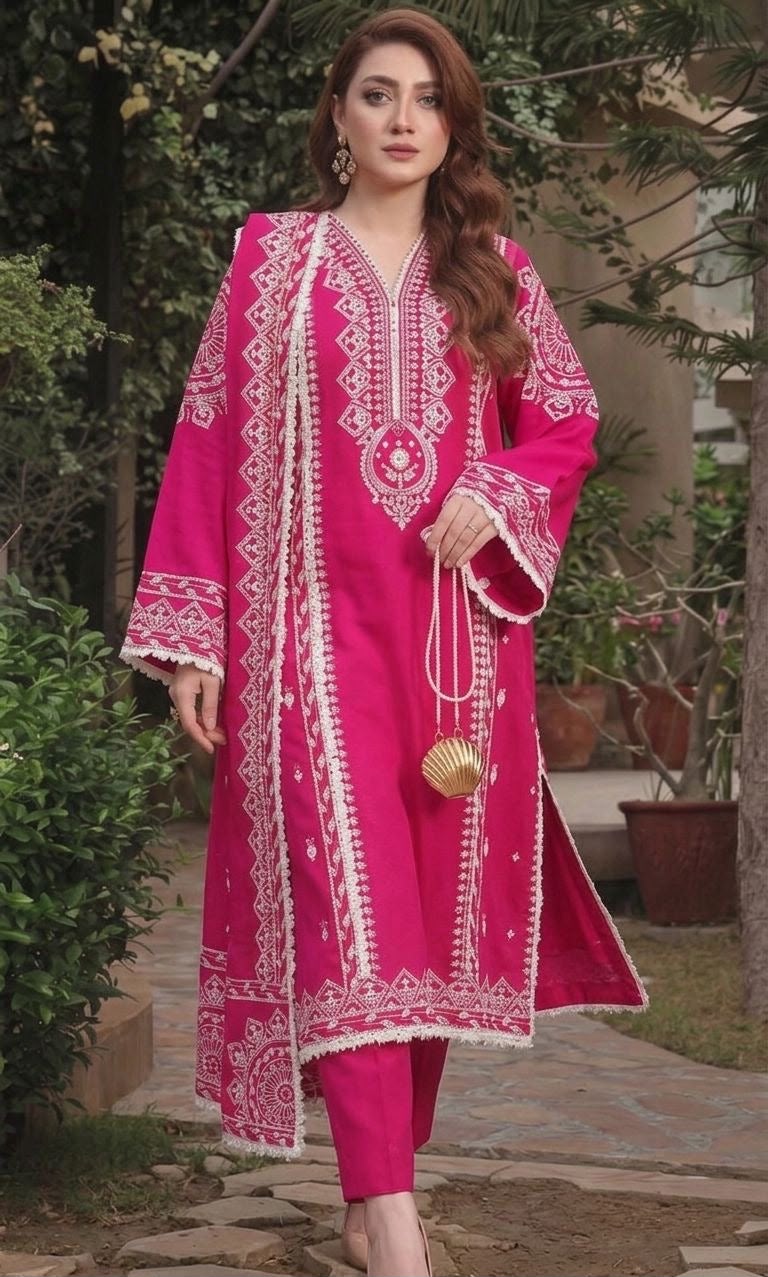 Aneela's Collection Dark Pink Dhanak 3-Piece Embroidered Suit | Digital Printed Shawl
