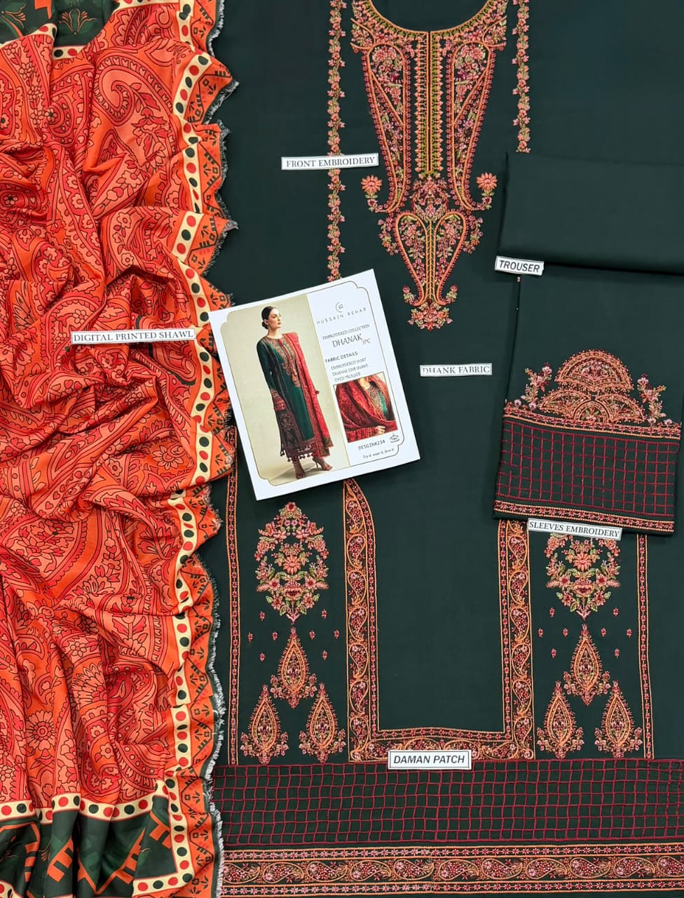 HUSSAIN REHAR PURE DHANAK 3PC EMBROIDERED LUXURY DRESS