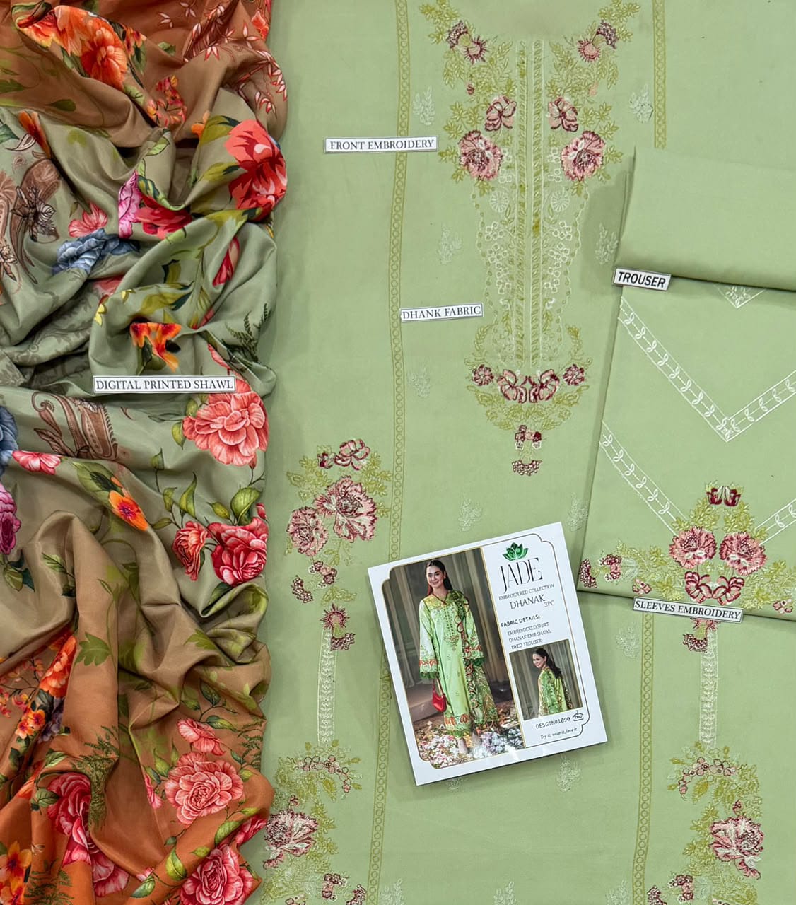 JADE PURE DHANAK 3PC EMBROIDERED LUXURY DRESS