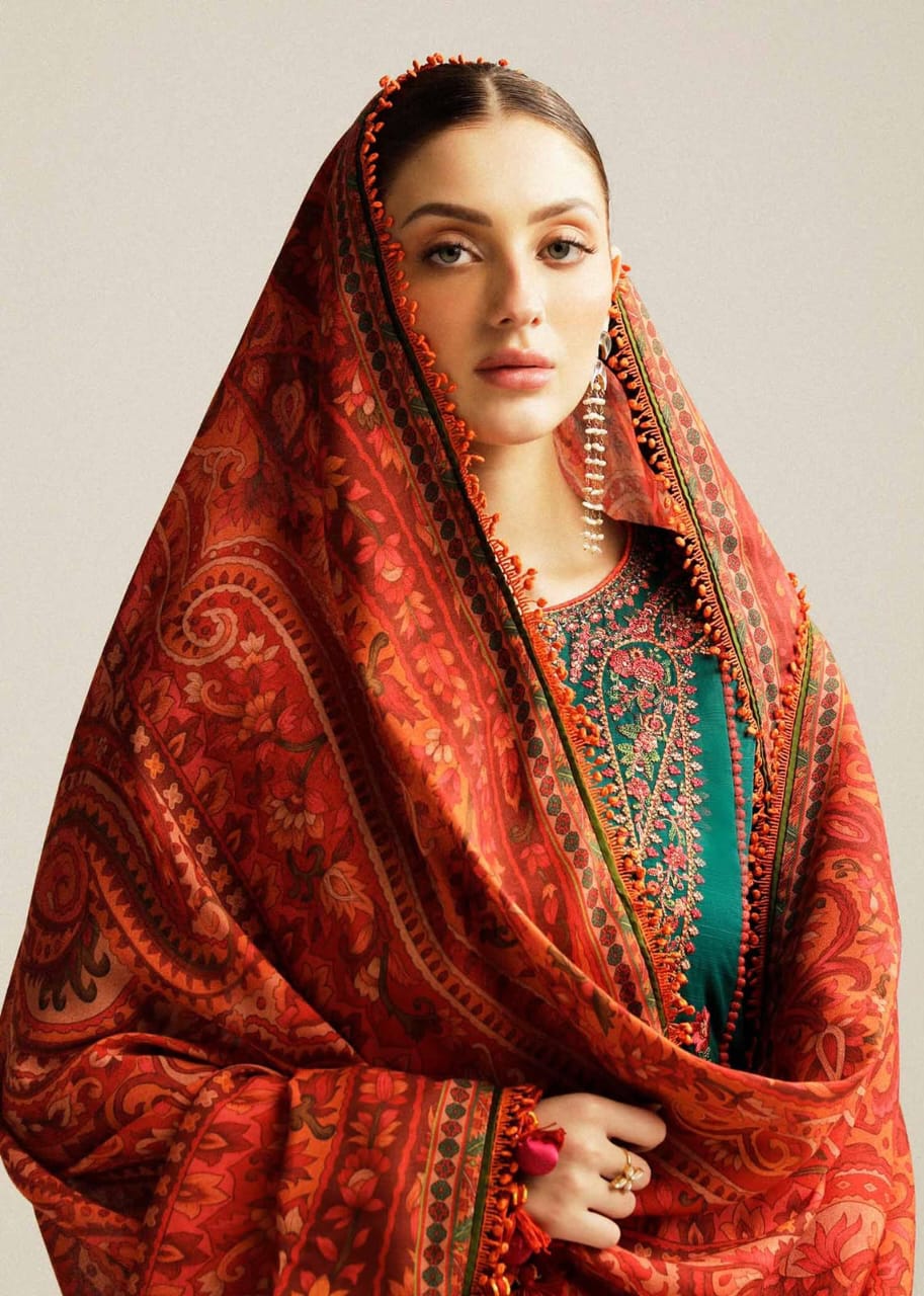 HUSSAIN REHAR PURE DHANAK 3PC EMBROIDERED LUXURY DRESS