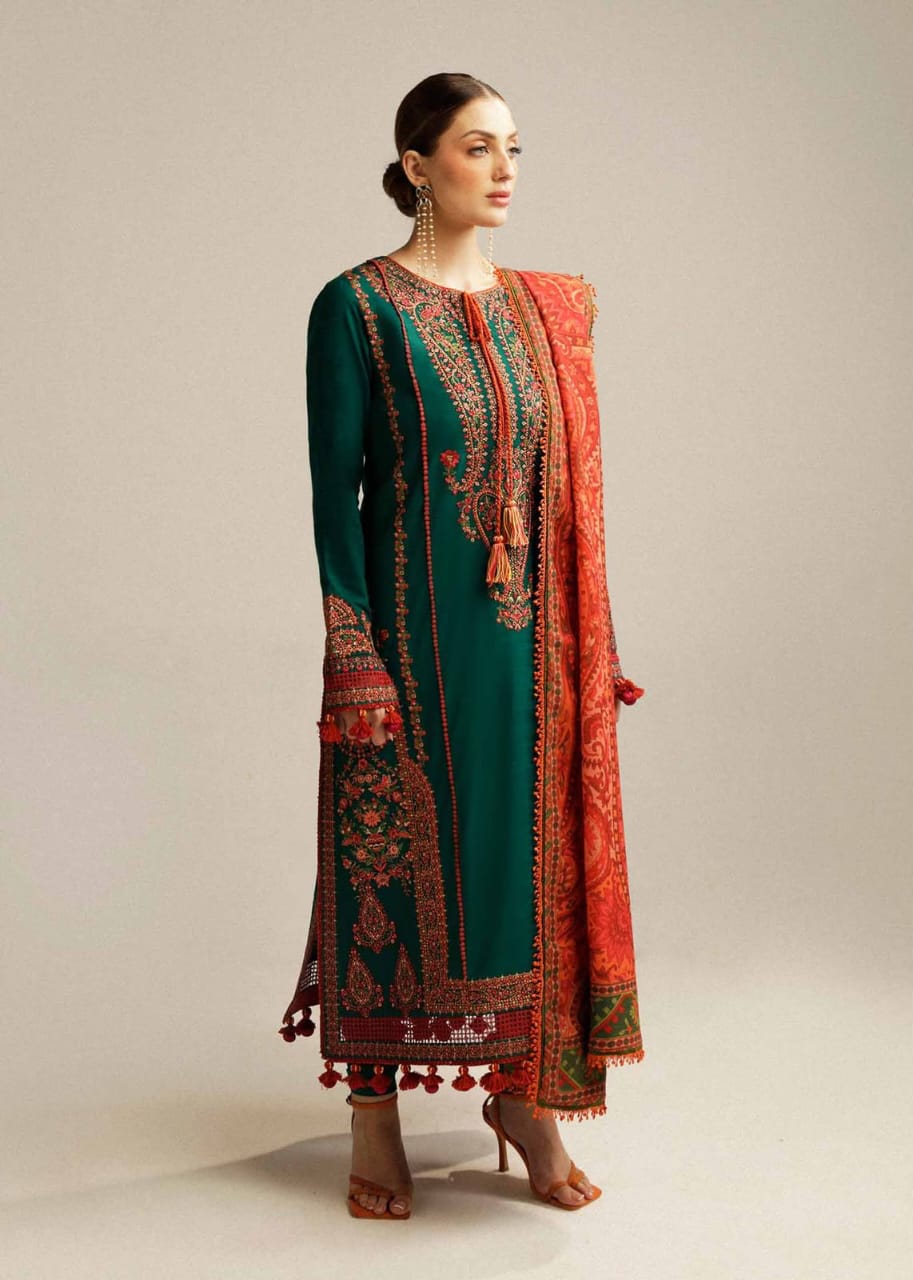 HUSSAIN REHAR PURE DHANAK 3PC EMBROIDERED LUXURY DRESS
