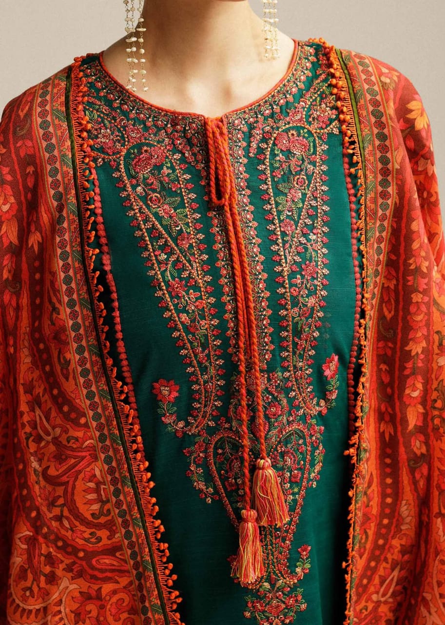 HUSSAIN REHAR PURE DHANAK 3PC EMBROIDERED LUXURY DRESS